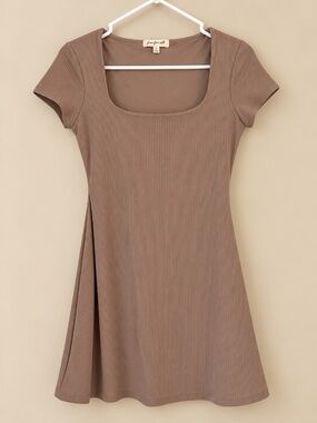 Free For All Taupe Ribbed Square Neck Short Sleeve A-Line Mini Dress Size Small